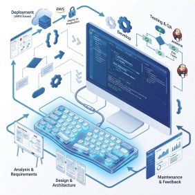 Il ciclo di sviluppo del software: analisi e requisiti, progettazione e architettura, sviluppo, test e controllo qualità, rilascio, manutenzione e riscontri dagli utenti